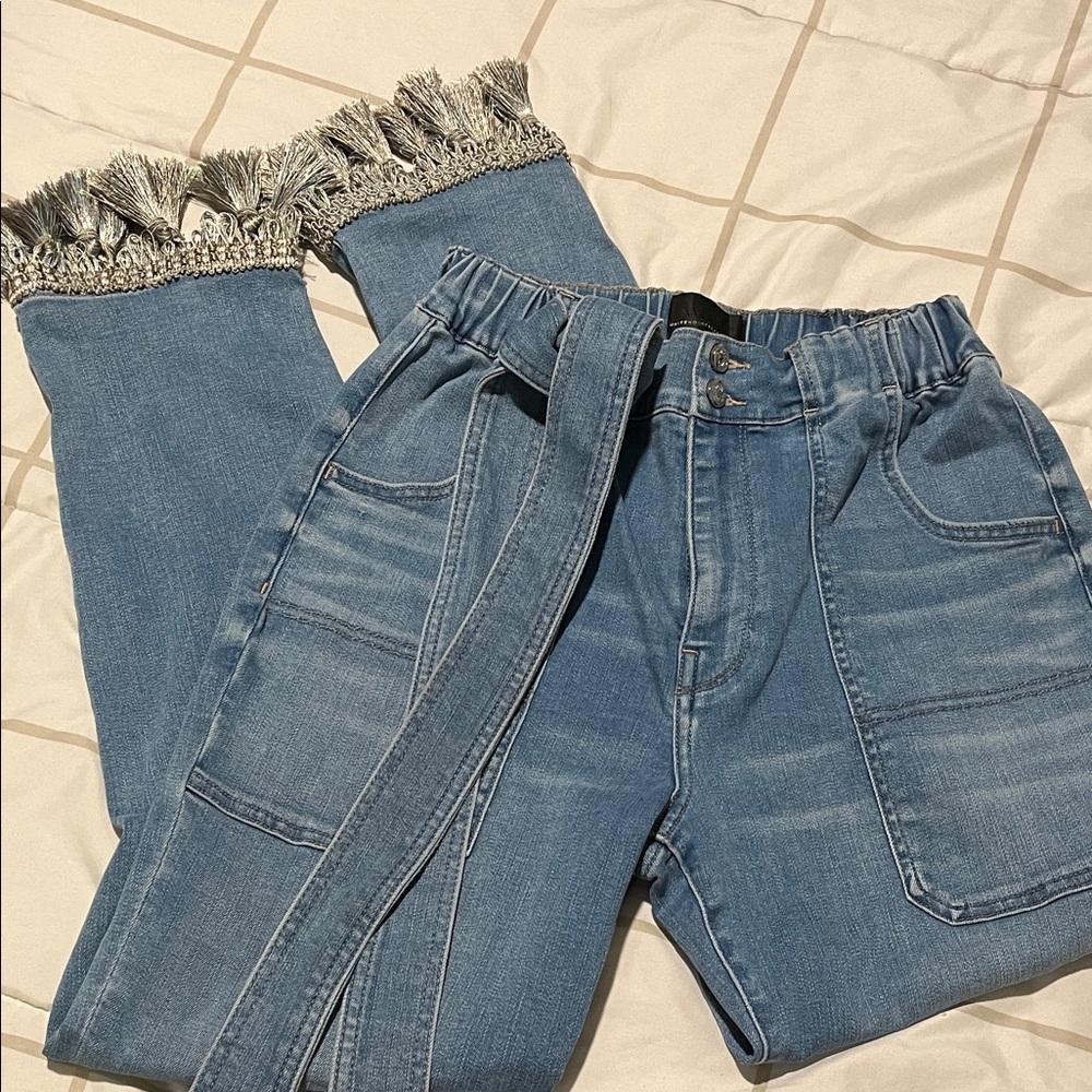 Stylish Blue Denim Straight Leg Everyday Soft with Belt and Tassel Hem.